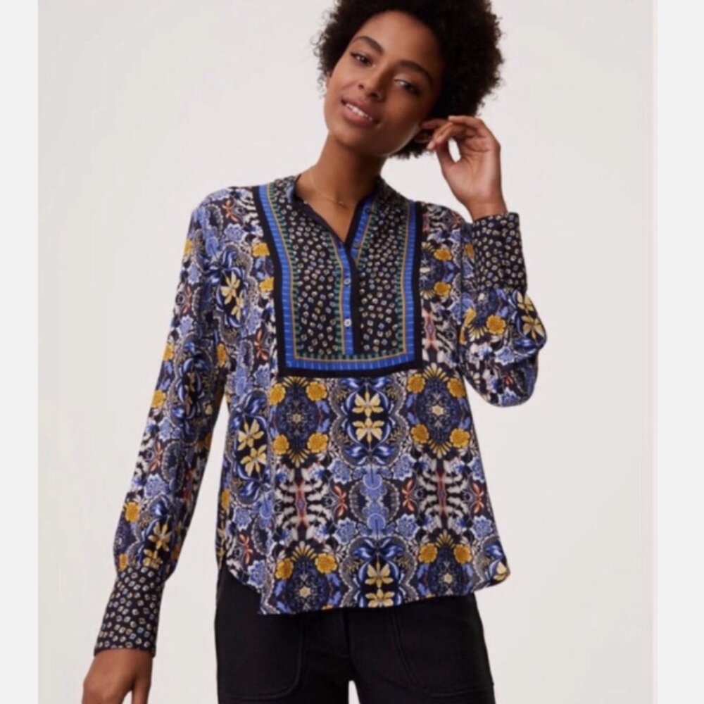 LOFT Blue Border Print Long Sleeve Blouse S